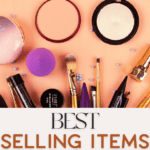 Makeup scattered on a table with an orange background with the words best selling items for busy moms