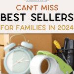 A clock, package, packing tape, and pen holder with the words can't miss best sellers for families in 2024