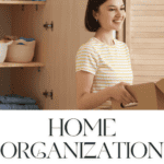 A woman carrying a bin from an organized closet with a smile with the words home organization across the picture