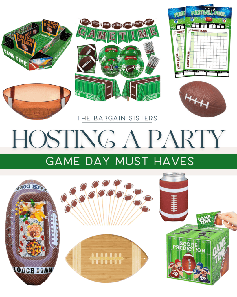 A collage of game day must-haves, featuring football-themed decorations, snacks, prediction boards, cups, and banners. Text reads "Hosting a Party: Game Day Essentials" by The Bargain Sisters.