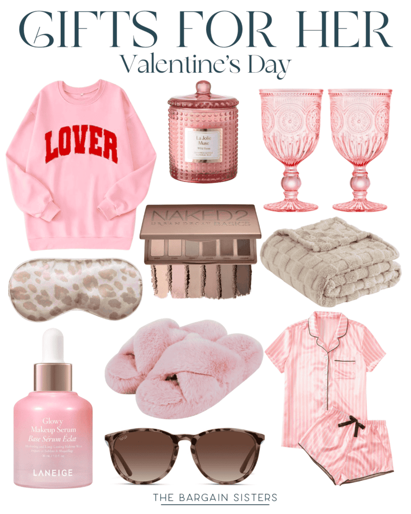 Explore a simple collage of Valentine's Day gift ideas for her: pink "Lover" sweatshirt, soft pink candle, two elegant pink glasses, an eyeshadow palette, cozy beige blanket, chic leopard print sleep mask, plush pink slippers, striped pajamas, serum dropper, and stylish sunglasses.