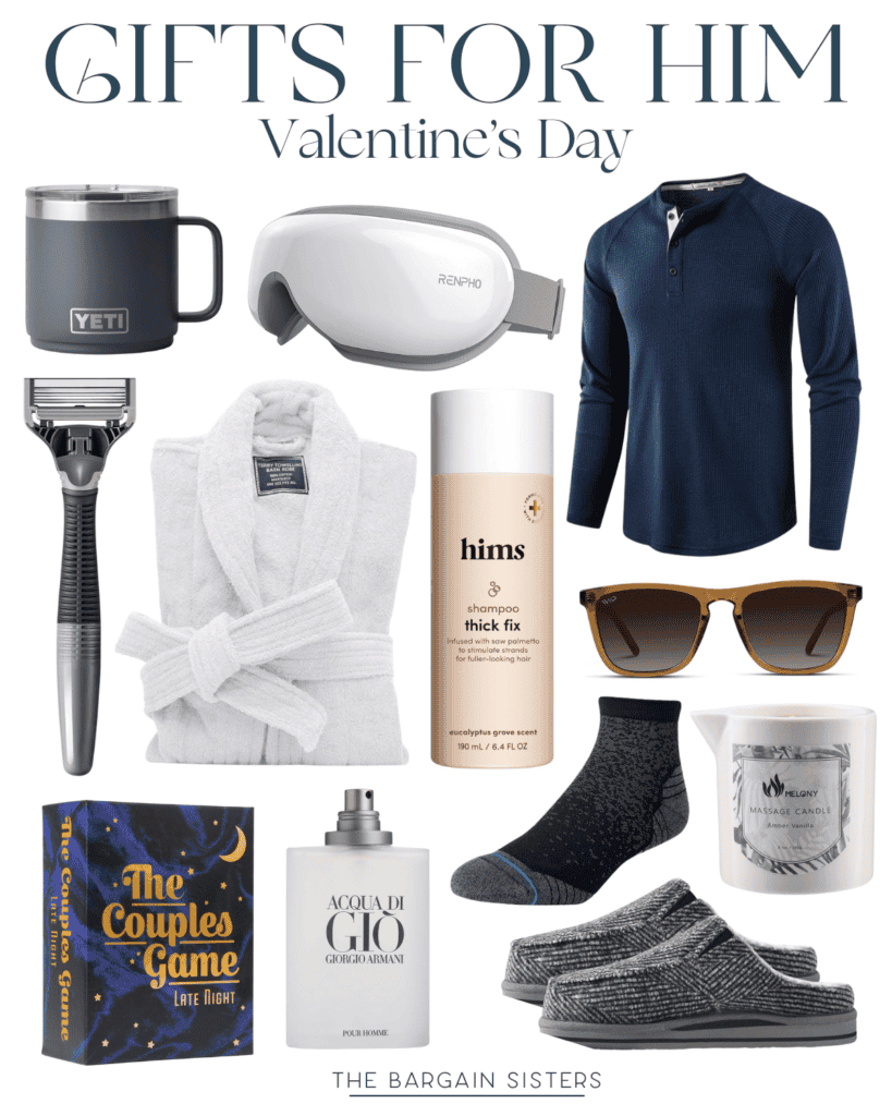 Explore simple Valentine's Day gift ideas for him, including a coffee mug, stylish sunglasses, a navy henley shirt, cozy slippers, quality headphones, and cologne—all perfect tokens of affection on a crisp white background.