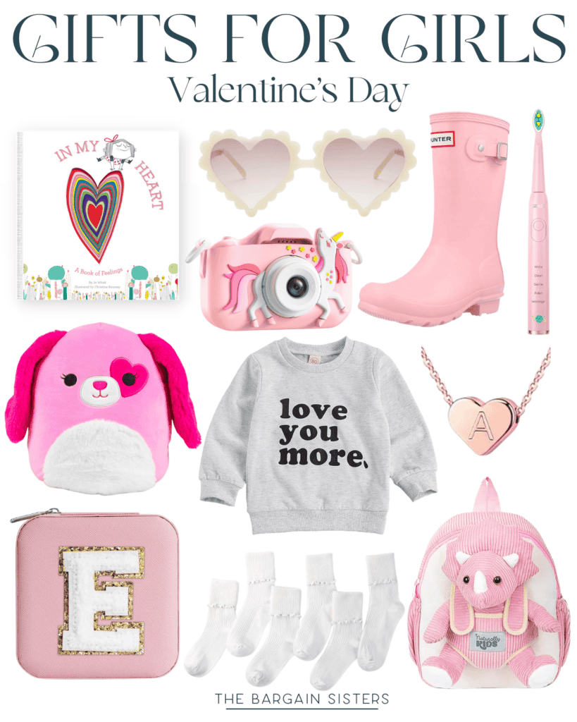 Explore our Valentine's Day gift guide for girls, brimming with love-infused gift ideas like a heart-themed book, pink heart sunglasses, rain boots, an electric toothbrush, a plush toy, a "love you more" sweater, a camera, necklace, pouch, socks, and backpack.