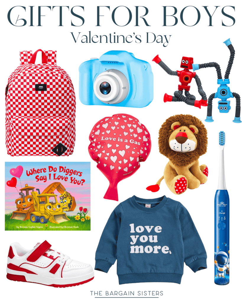 A simple collection of Valentine's Day gift ideas for boys features a red checkered backpack, blue camera, robot toys, lion plush, book, heart balloon, electric toothbrush, red and white sneakers, and a blue sweatshirt with "love you more" printed on it.