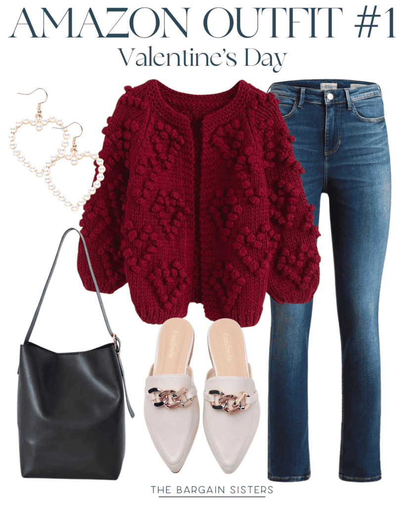 Valentine's Day outfit: A chunky red knit sweater, blue jeans, white chain-detail mules, a black handbag, and heart-shaped pearl earrings are displayed. Text reads "Amazon Outfit #1 Valentine's Day" and "The Bargain Sisters.