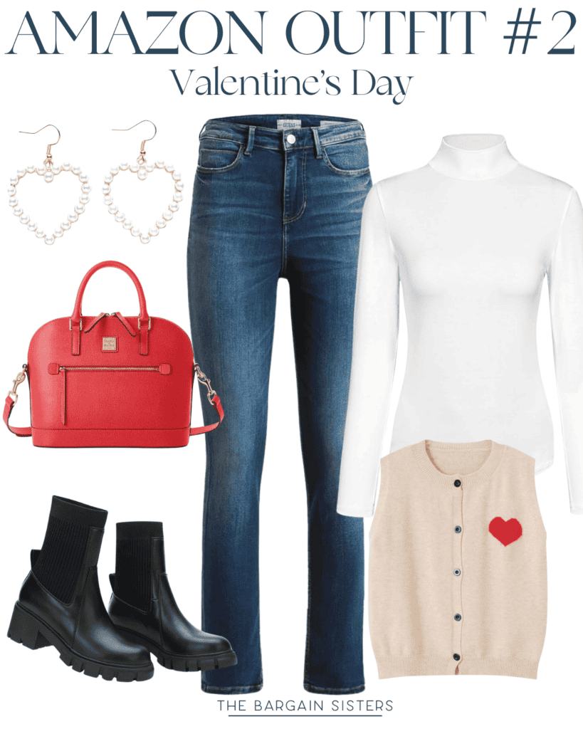 Casual Valentine's Day outfit layout featuring blue jeans, a white turtleneck, a beige sleeveless cardigan with a red heart, black boots, a red handbag, and gold heart earrings on a white background.