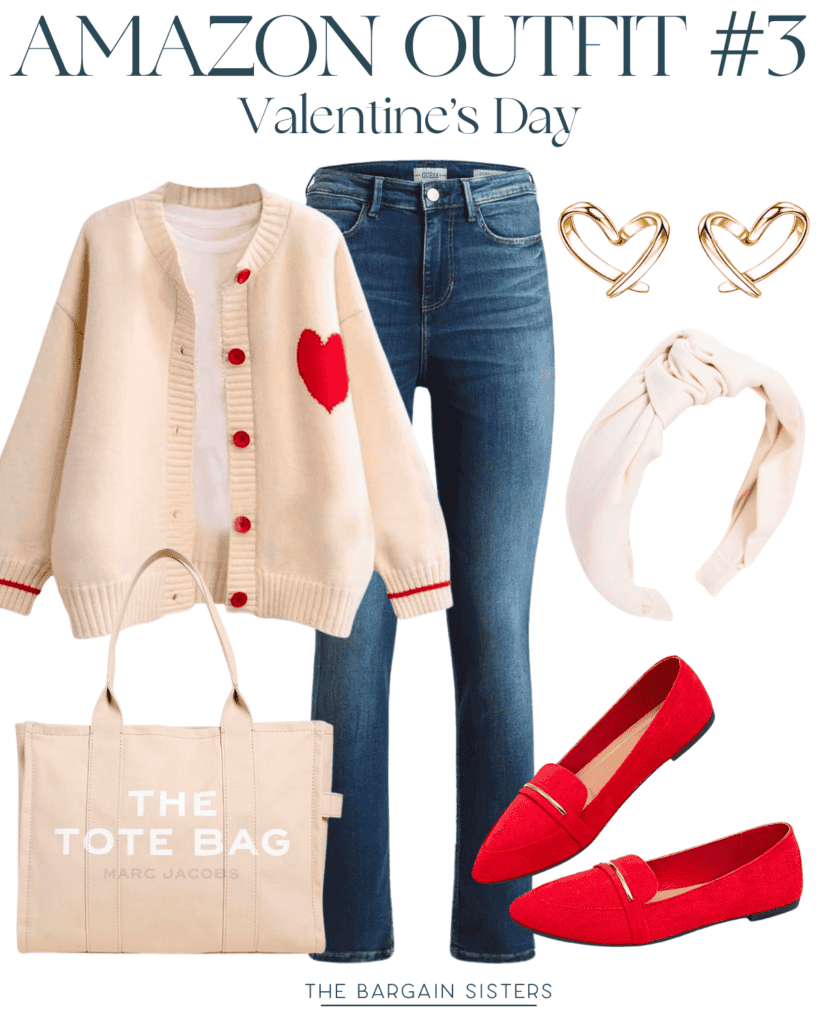 Collage of a Valentine's Day outfit: beige cardigan with a red heart, dark jeans, red loafers, white headband, gold heart earrings, and a beige tote bag labeled "The Tote Bag." Text reads "Amazon Outfit #3 Valentine's Day.