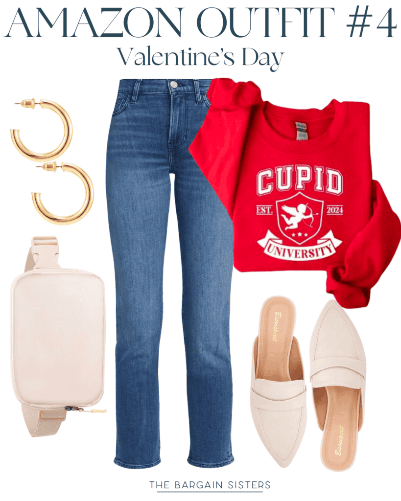 Valentine's Day outfit featuring a red "Cupid University" sweatshirt, blue jeans, beige flat shoes, gold hoop earrings, and a beige crossbody bag.