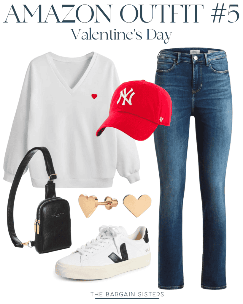 A casual Valentine's Day outfit featuring a white V-neck sweater with a small red heart, blue jeans, a red NY cap, white sneakers, heart-shaped gold earrings, and a black crossbody bag. Text reads: "AMAZON OUTFIT #5 Valentine's Day.