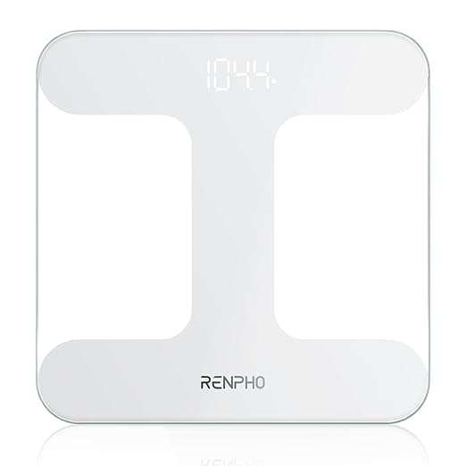 Discover the sleek RENPHO digital bathroom scale, featuring a pristine white surface and elegant clear glass edges. The display reads "104.4." Don't miss out on this stylish essential, especially with the unbeatable Monday Deals!.