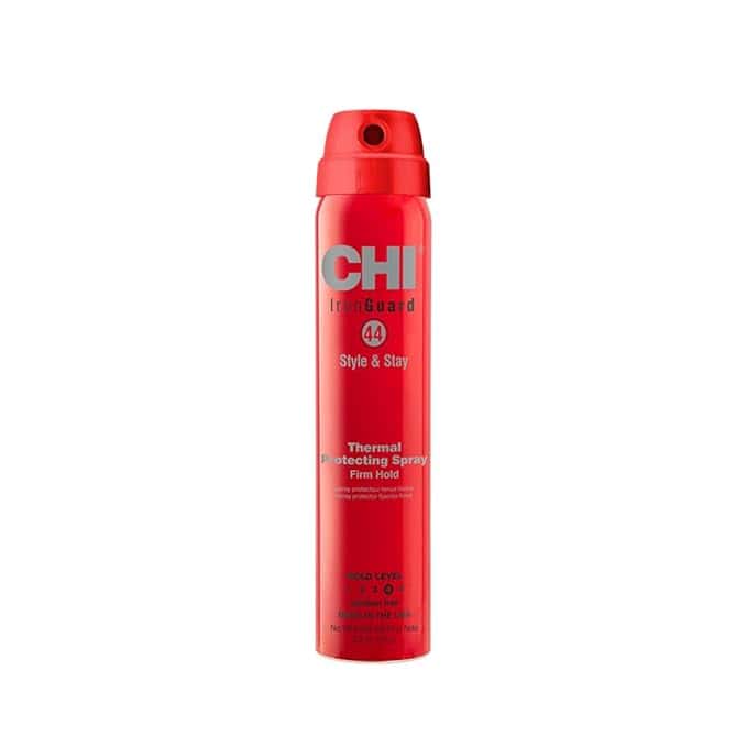 Discover Friday Deals on the red cylindrical bottle of CHI Iron Guard 44 Style & Stay Thermal Protecting Spray. It features a firm hold, with a nozzle for easy application, and the text emphasizes its heat protection and styling benefits.