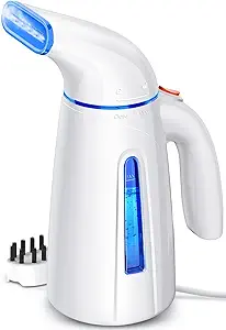 Discover the perfect companion for wrinkle-free clothes—a sleek white handheld garment steamer featuring a blue water tank and curved nozzle. With an ergonomic handle, power button, and detachable brush attachment, it's a steal during Tuesday Deals!.