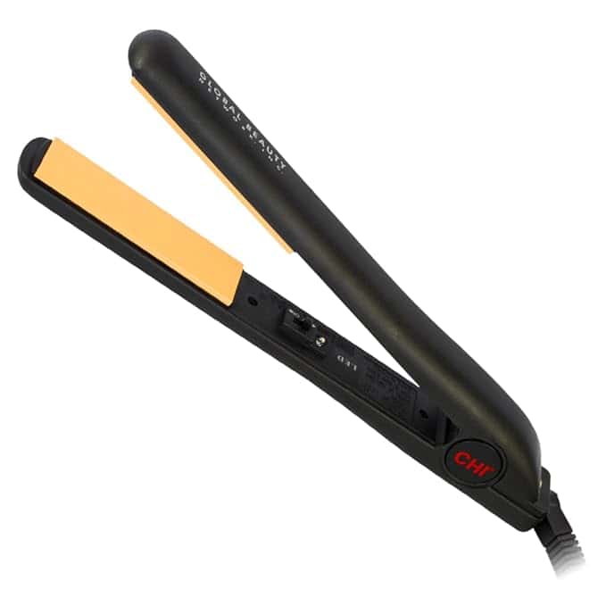 A sleek black CHI hair straightener with ceramic heating plates sits at an angle. It boasts a digital display and control buttons on the inner handle, while the outer side showcases the iconic red CHI logo. Perfect for styling, especially during Wednesday Deals!.