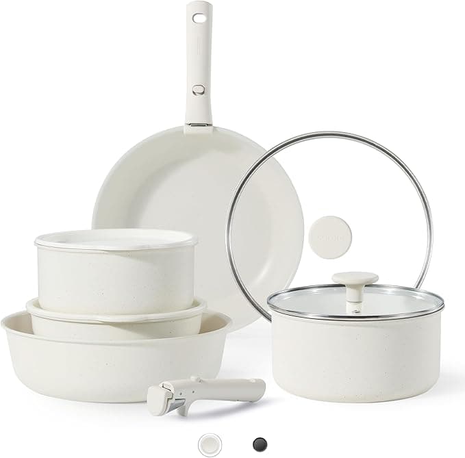 Discover a white kitchen cookware set perfect for minimalist homes, showcased in Monday Deals. It includes a frying pan, saucepan with glass lid, three stackable bowls with lids, and a detachable handle—all featuring elegant speckled surfaces.