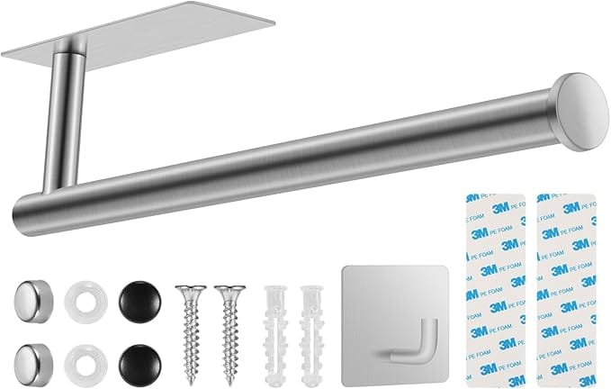 Stainless steel paper towel holder with adhesive backing, screws, anchors, and protective caps—perfect for snagging during Wednesday Deals. Includes a separate adhesive hook and 3M foam strips for mounting. Ideal for kitchen or bathroom use.