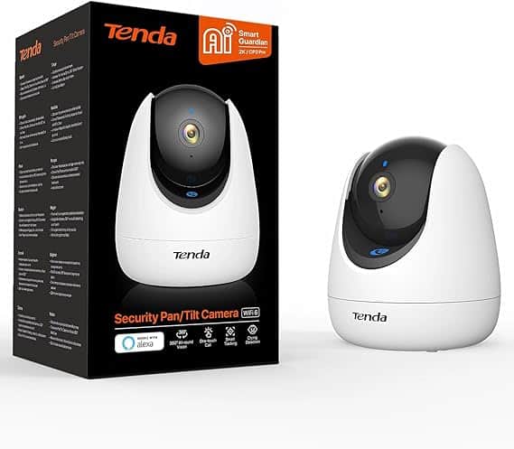 A Tenda security pan/tilt camera is showcased beside its sleek black and orange box during the Friday Deals event. The white camera, with its black front, boasts a lens and LED indicators. Its packaging highlights features like AI Smart Guardian and Alexa compatibility.