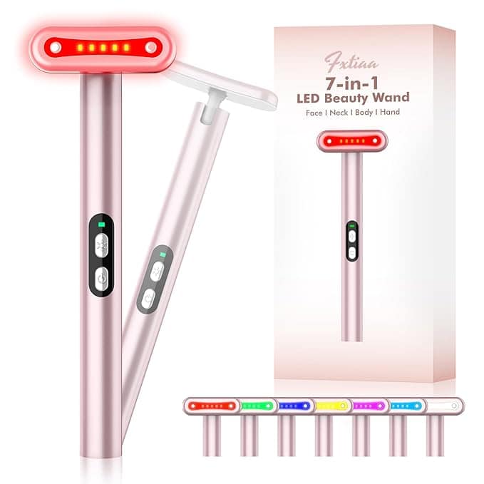 Image of a Futiaa 7-in-1 LED Beauty Wand in pink, showcased with its LED display and buttons. The packaging and vibrant light options are visible, highlighting its features. Discover the perfect addition to your skincare routine with this must-have from Tuesday Deals.