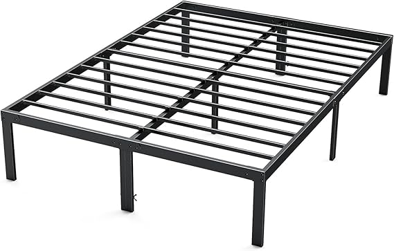 Discover unbeatable Wednesday Deals on this black metal bed frame, featuring multiple horizontal slats and six sturdy legs for optimal mattress support, all showcased against a plain white backdrop.