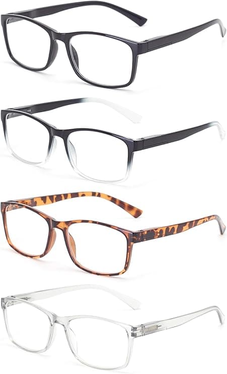 Four pairs of rectangular eyeglasses in chic colors—black, black with transparent lower rims, tortoiseshell, and clear—are stylishly arranged vertically against a white background. Perfect for Tuesday Deals, these frames offer a fashionable touch to your everyday look.