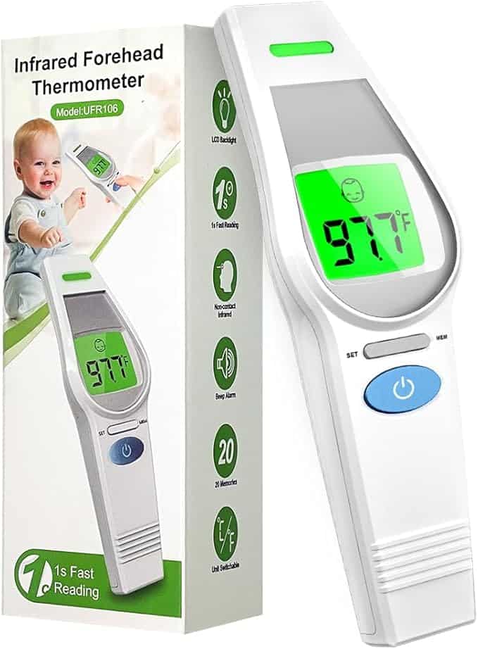 The packaging and device of an infrared forehead thermometer are showcased, with the box displaying a child using the product. It highlights features like a 1-second fast reading and an LCD display showing 97°F. Don’t miss out on amazing Monday Deals for this essential gadget!.