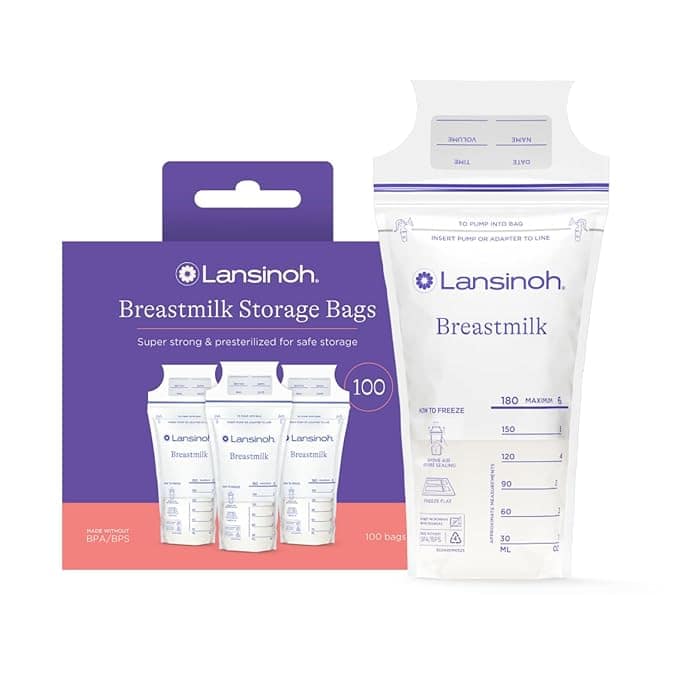 Purple and white packaging for Lansinoh Breastmilk Storage Bags, highlighted as part of our exclusive Wednesday Deals. The box showcases an image of three storage bags with one standing beside it, all marked with measurements and labeled "BPA/BPS Free.