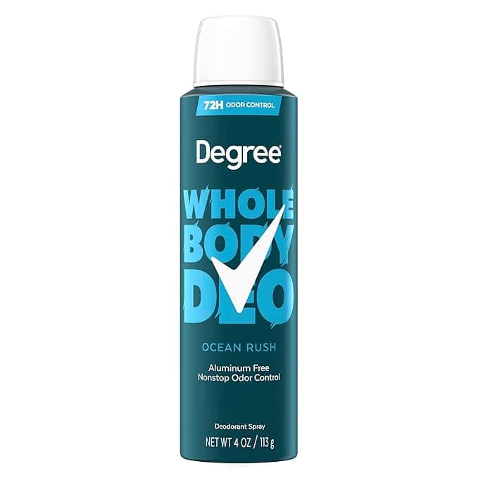 A can of Degree Whole Body Deodorant Spray in Ocean Rush scent. The blue can features white text, highlighting "Aluminum Free" and "72H Odor Control." Weighing 4 oz (113 g), it's a great grab during Friday Deals for long-lasting freshness.