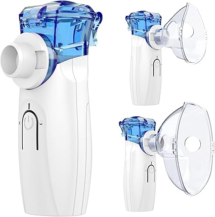 Discover our portable nebulizer with a sleek white base and a transparent blue liquid chamber. It features a convenient power button on the front and comes with two interchangeable mask attachments, one larger and one smaller. Grab it now as part of our exclusive Friday Deals!.