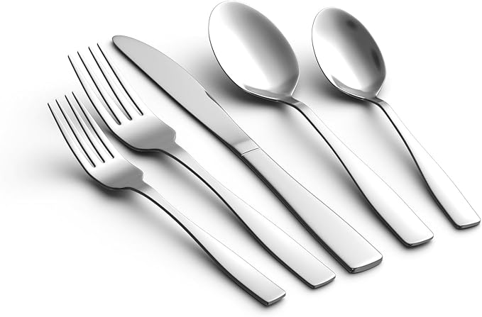 A sleek set of silverware, featuring two forks, a knife, and two spoons with a polished finish, is elegantly arranged on a white background. Dive into modern dining with style—perfect for your Friday Deals haul.