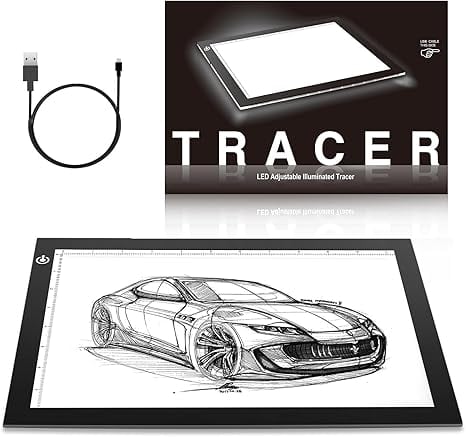 A black LED tracing light pad showcases a detailed sports car sketch, complete with a USB cable for power. The packaging features "Tracer" branding and promotes its adjustable illumination feature, perfect for grabbing during Tuesday Deals.