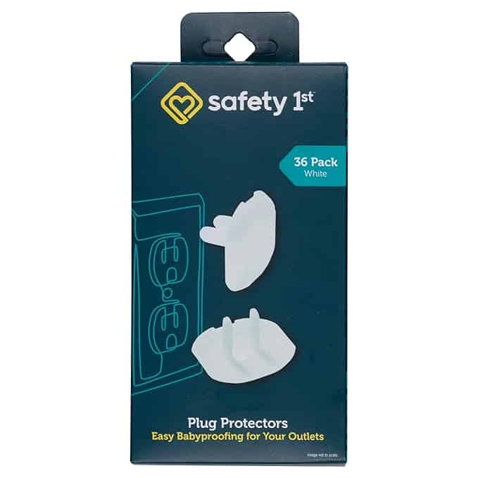 Box of Safety 1st plug protectors in white, perfect for Monday Deals. The packaging shows 36 protectors with an illustration of one in use. Text on the box reads, "Plug Protectors: Easy Babyproofing for Your Outlets.