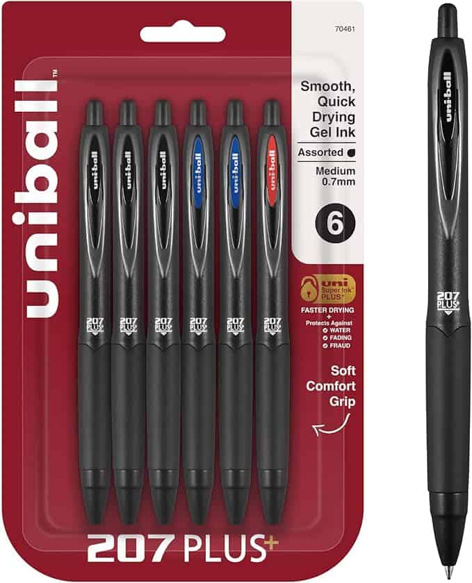 Grab this fantastic Monday Deals package of six Uni-ball 207 Plus gel pens featuring black, blue, and red ink. These pens, showcased in a blister pack, boast smooth, quick-drying gel ink and a soft comfort grip for effortless writing.