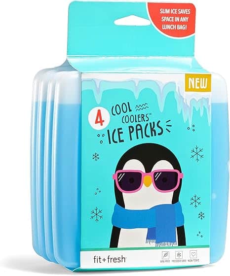 Packaging of four "Cool Coolers" ice packs by fit + fresh, featuring a cartoon penguin wearing pink sunglasses and a blue scarf. The package boasts a space-saving design, is labeled as freezer safe and non-toxic, and is perfect for snagging during Tuesday Deals.