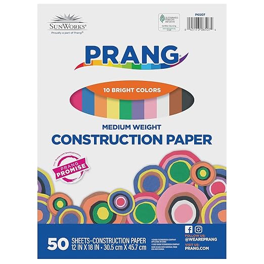 Image of a Prang construction paper pack by SunWorks featuring Monday Deals. The cover shows 10 bright colors with an oval cutout displaying paper samples. Contains 50 medium-weight sheets, measuring 12 x 18 inches. Various colored circles decorate the bottom edge.