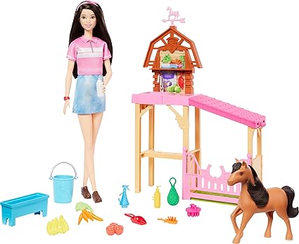 This doll with long dark hair, dressed in a pink striped shirt and blue skirt, stands beside a charming horse playset. Complete with a barn, feeding trough, carrots, corn, and more accessories—perfect for those looking for exciting Friday Deals!.