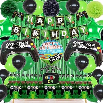 Celebrate with our green gaming-themed birthday decor! Featuring a "Happy Birthday" banner, balloons, game controller images, and a "Game On" sign. The centerpiece boasts a balloon saying, "Happy Birthday, You've Leveled Up!" Perfect for any Thursday deals on party setups!.