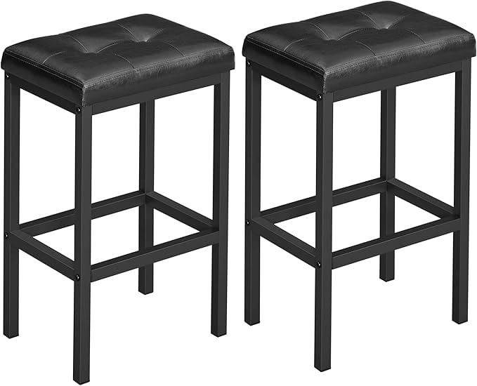 Two sleek black bar stools with tufted cushioned seats and metal frames, featuring a modern design and convenient footrests on each side. Perfectly aligned against a white background, these stylish seats are an ideal pick for Monday Deals shoppers seeking both style and savings.