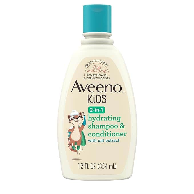 Aveeno Kids 2-in-1 Hydrating Shampoo & Conditioner with oat extract features a playful cartoon character in a construction hat on its 12 fl oz (354 mL) bottle. Perfect for little ones, keep an eye out for special Thursday Deals to snag this bath-time essential!.