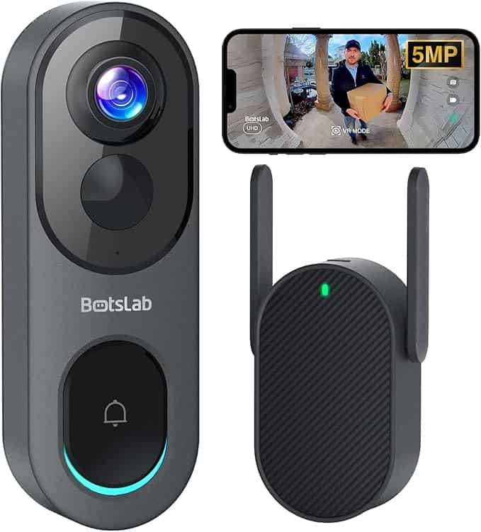 Discover security and savings with the sleek black Botslab video doorbell system on Wednesday Deals. Featuring a camera, doorbell button, and home monitoring device, its smartphone screen effortlessly streams live video of package deliveries, showcasing superior functionality.