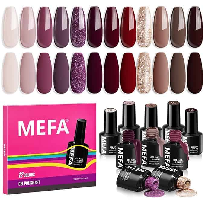 On display is MEFA's 12-color gel nail polish set, a perfect pick for Thursday Deals. The range spans light pinks to deep reds and purples, with glittery options included. Housed in small black bottles, some shades are artistically spilled to reveal their vibrant hues amid visible packaging.