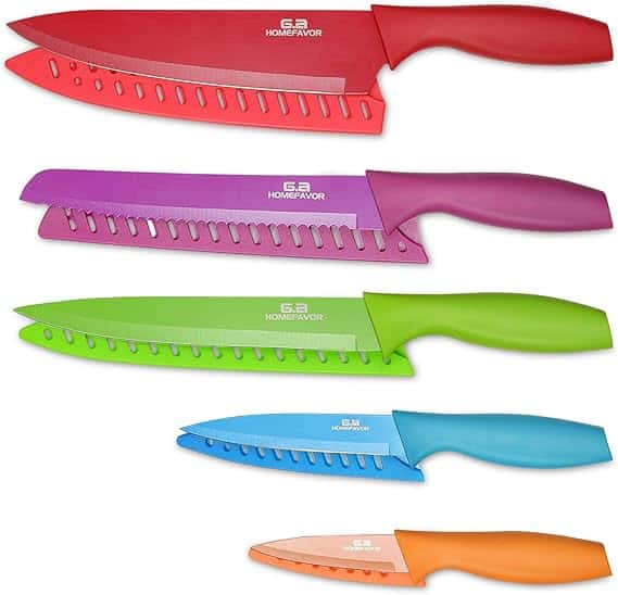 Discover our Thursday Deals: a vibrant set of five kitchen knives in bright colors—red, purple, green, blue, and orange. Each boasts a serrated edge and an ergonomic handle with the "HOMEFAVOR" brand elegantly printed on every blade.