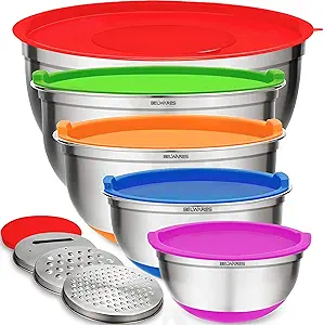 Discover Friday Deals on a set of five stainless steel mixing bowls with vibrant silicone lids in red, green, orange, blue, and purple. Complete with three round grater attachments, each bowl fits snugly into the next for sleek storage.