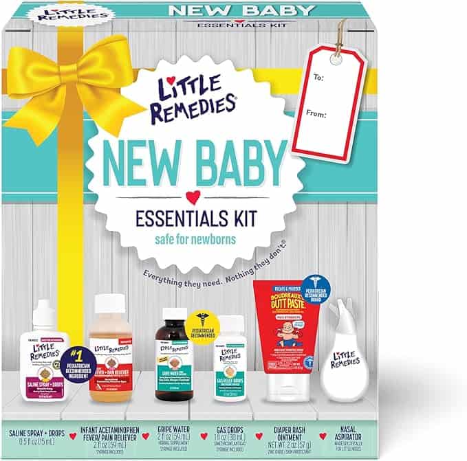 Discover the "Little Remedies" New Baby Essentials Kit, perfect for new parents. It includes saline spray, infant acetaminophen, gripe water, gas relief drops, diaper rash ointment, and a nasal aspirator. With its charming yellow ribbon design and gift tag, it's a wonderful pick for Tuesday Deals!.