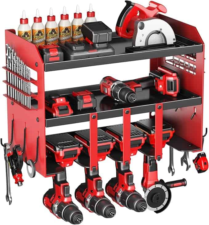 Red and black wall-mounted tool organizer with shelves holds power tools, a circular saw, drills, batteries, glue bottles, and various hand tools like pliers and screwdrivers. Take advantage of Thursday Deals to get this rack that keeps your tools neatly arranged.