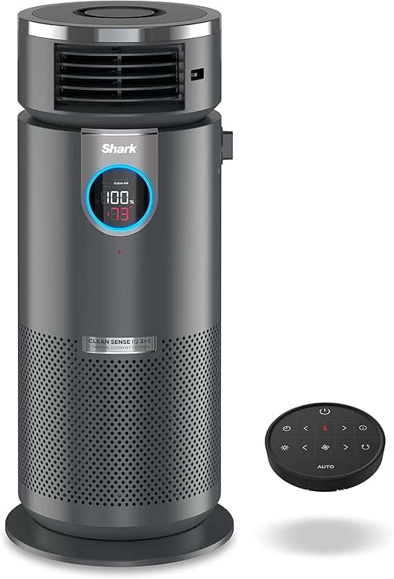 Discover unbeatable Wednesday Deals on the Gray Shark air purifier, featuring a sleek cylindrical design with top vent openings and a digital display showing 100 and 73. It comes with a convenient round black remote control equipped with various buttons for easy operation.