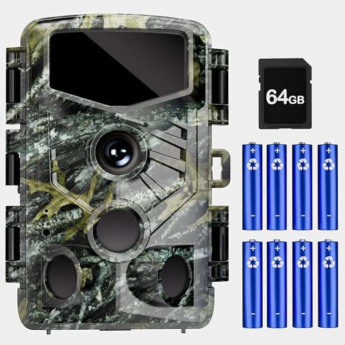 Discover the camouflage-patterned trail camera, designed with a large lens and accompanied by six blue AA batteries and a 64GB memory card. Perfect for capturing nature in detail, don't miss out on our special Tuesday Deals for this essential gear.