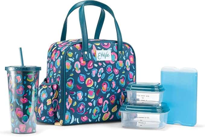 A colorful lunch set, perfect for Wednesday Deals, featuring a teal and multicolor patterned insulated bag, a matching tumbler with a straw, two clear food containers with teal lids, and an ice pack. The set is stylish and vibrant.