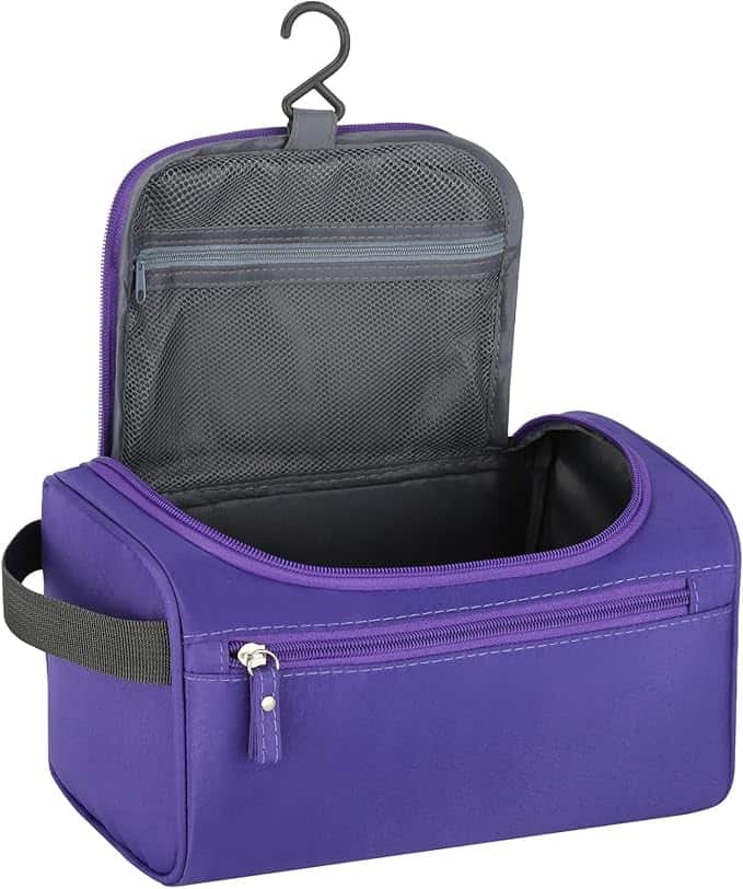 This purple travel toiletry bag, adorned with a black handle and zippered compartments, is perfect for those Thursday Deals scoops. The open top flap reveals a handy mesh organizer pocket and features a convenient hook for hanging.