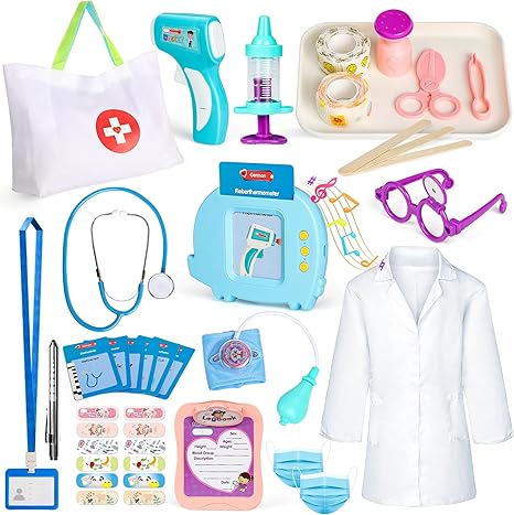 Enjoy Tuesday Deals on a delightful children's doctor playset, featuring a white coat, stethoscope, thermometer, syringe, medical scissors, masks, ID badge, and more. These colorful items are beautifully spread out on a pristine white background.