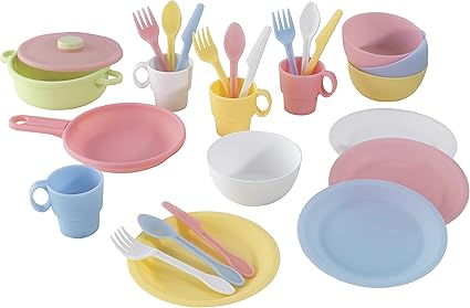 This colorful children's play dish set includes plates, bowls, cups, forks, spoons, and a lidded pot in pastel shades of pink, yellow, blue, and white. Perfect for imaginative play or a pretend kitchen—and don't miss out on special Friday Deals!.