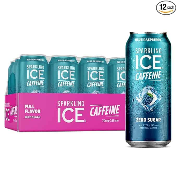 A 12-pack of Sparkling Ice Caffeine in Blue Raspberry flavor is displayed. Each teal can with white text boasts "Zero Sugar" and "With Vitamins and Antioxidants." Snag it during Tuesday Deals to savor full flavor with 70mg caffeine.